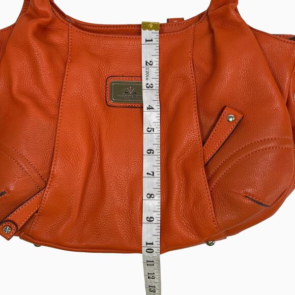 Isaac Mizrahi Leather Handbag Orange Satchel Zip Close Handles Inner Pockets - Picture 11 of 14